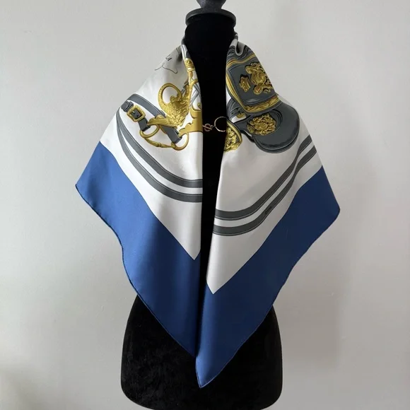 Hermès Brides de Gala Silk Scarf in Royal Blue White & Gold - Picture 6 of 14